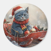 雪のクリスマスを過ごすソリ姿のオリエンタルブルー猫 マグネット (正面)