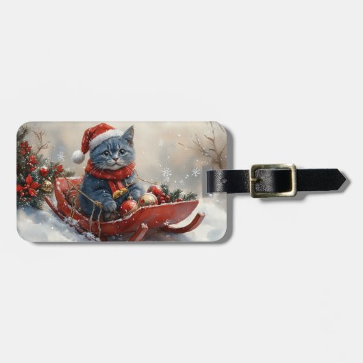 雪のクリスマスを過ごすソリ姿のオリエンタルブルー猫 ラゲッジタグ (正面横)