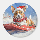 雪のクリスマスを過ごす大雪のバセンジ犬 マグネット (正面)