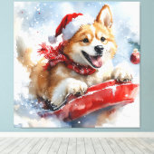 雪のクリスマスを過ごす秋田犬 キャンバスプリント (インサイチュ (ウッドフロア))