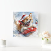 雪のクリスマスを過ごす秋田犬 スクエア壁時計 (ホーム)