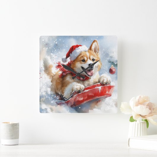 雪のクリスマスを過ごす秋田犬 スクエア壁時計 (ホーム)