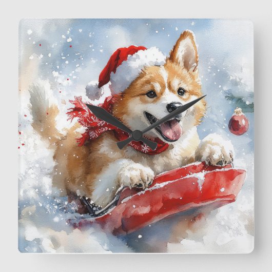 雪のクリスマスを過ごす秋田犬 スクエア壁時計 (正面)