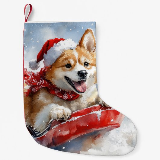 雪のクリスマスを過ごす秋田犬 スモールクリスマスストッキング (正面)