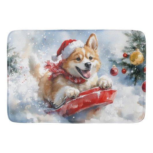 雪のクリスマスを過ごす秋田犬 バスマット (正面)