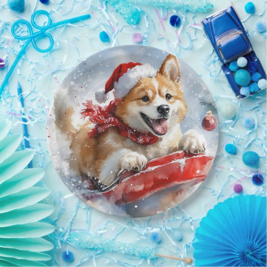 雪のクリスマスを過ごす秋田犬 ペーパープレート (パーティー)