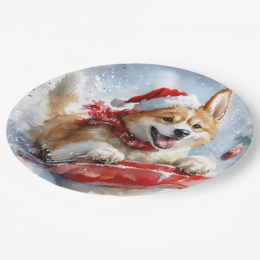 雪のクリスマスを過ごす秋田犬 ペーパープレート (アングル)