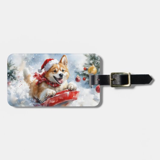 雪のクリスマスを過ごす秋田犬 ラゲッジタグ (正面横)