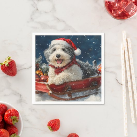 雪のクリスマスを過ごす英国の眠り犬 スタンダードカクテルナプキン (インサイチュ)