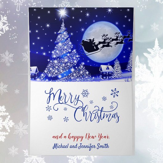 雪のクリスマスイブに名前を追加サンタそり シーズンカード