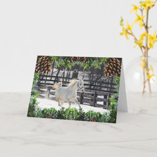 雪のクリスマスカードに白い馬 カード (黄色い花)