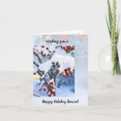 雪のクリスマスカードに赤カニのリンゴの果実 サンキューカード (正面)