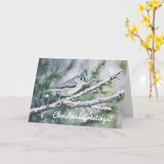 雪のクリスマスカードに青い灰色の鳥 カード (黄色い花)