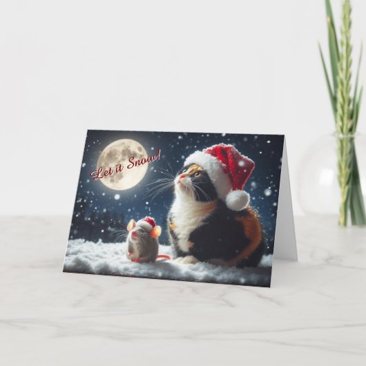 雪のクリスマスカードを見ているネコとネズミ シーズンカード (正面)