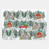 雪のクリスマスキャビンと赤いトラック ラッピングペーパーシート (正面)