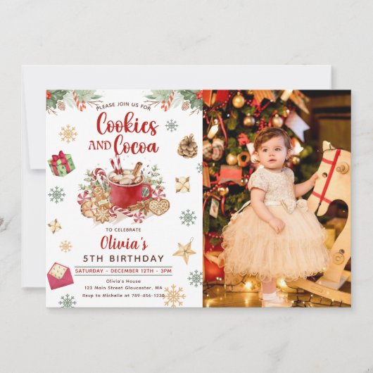 雪のクリスマスクッキーとココアの誕生日写真 招待状 (正面)