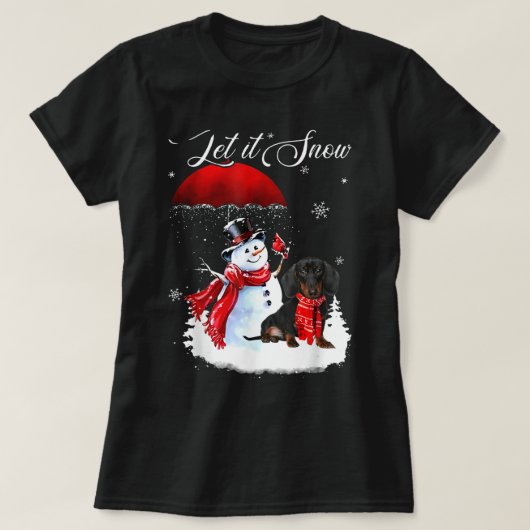 雪のクリスマスシャツ可愛いダシュントと雪だるま Tシャツ (デザイン正面)