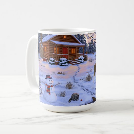 雪のクリスマスシーンで冬のキャビン鹿 コーヒーマグカップ (正面左)