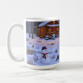 雪のクリスマスシーンで冬のキャビン鹿 コーヒーマグカップ (左)