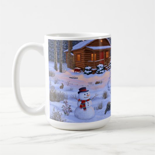 雪のクリスマスシーンで冬のキャビン鹿 コーヒーマグカップ (左)