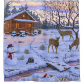 雪のクリスマスシーンで冬のキャビン鹿 シャワーカーテン (正面)