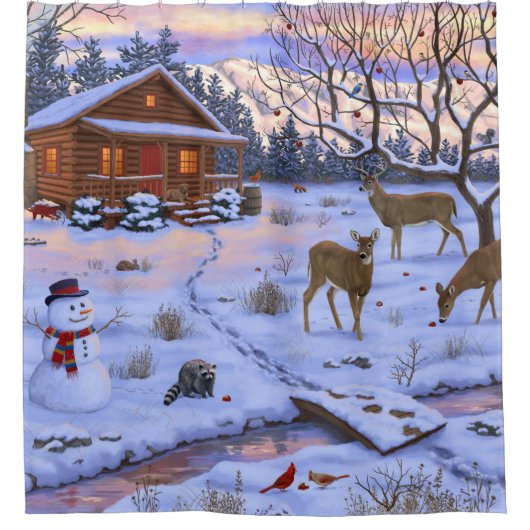 雪のクリスマスシーンで冬のキャビン鹿 シャワーカーテン (正面)