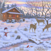 雪のクリスマスシーンで冬のキャビン鹿 シール (正面)
