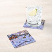 雪のクリスマスシーンで冬のキャビン鹿 スクエアペーパーコースター (インサイチュ)