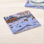 雪のクリスマスシーンで冬のキャビン鹿 スクエアペーパーコースター (アングル)