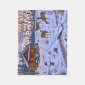 雪のクリスマスシーンで冬のキャビン鹿 フリースブランケット (正面)
