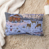 雪のクリスマスシーンで冬のキャビン鹿 ランバークッション (ブランケット)