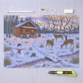 雪のクリスマスシーンで冬のキャビン鹿 薄葉紙 (クラフト)