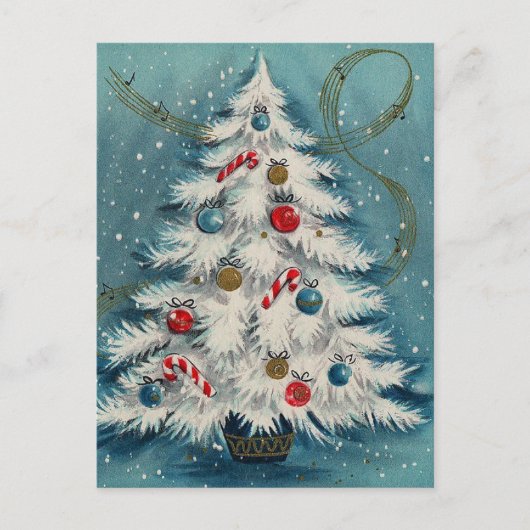 雪のクリスマスシーンの白いクリスマスツリー シーズンポストカード (正面)