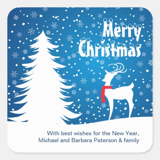 雪のクリスマスステッカーのトナカイ スクエアシール (正面)