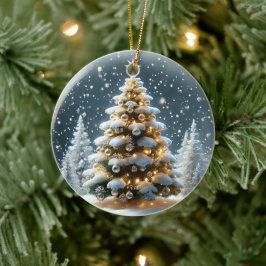雪のクリスマスツリーが咲くスノーグローブ セラミックオーナメント