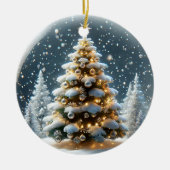 雪のクリスマスツリーが咲くスノーグローブ セラミックオーナメント (正面)
