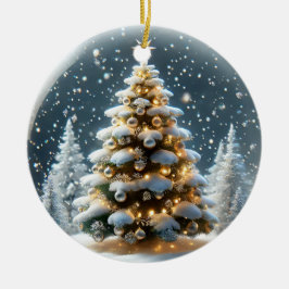 雪のクリスマスツリーが咲くスノーグローブ セラミックオーナメント