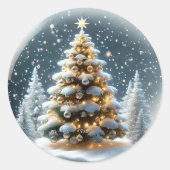 雪のクリスマスツリーが咲くスノーグローブ ラウンドシール (正面)