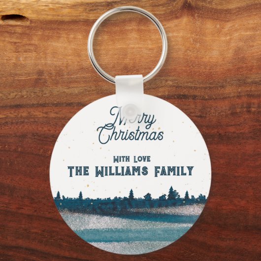 雪のクリスマスツリーとメリークリスマス キーホルダー (正面)