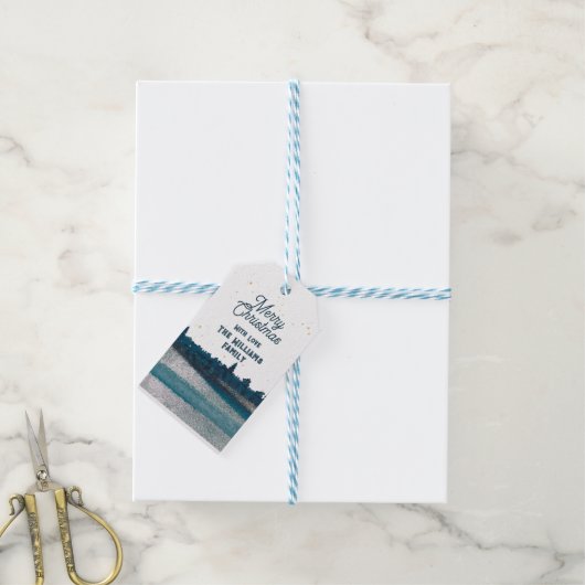 雪のクリスマスツリーとメリークリスマス ギフトタグ (より糸付き)