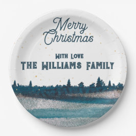 雪のクリスマスツリーとメリークリスマス ペーパープレート