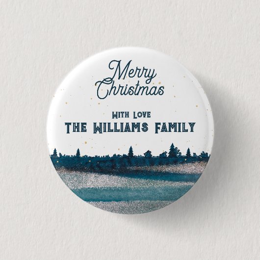雪のクリスマスツリーとメリークリスマス 缶バッジ (正面)