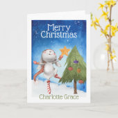 雪のクリスマスツリーを飾るウサギ カード (黄色い花)