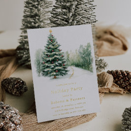 雪のクリスマスツリーズゴールドフォイルクリスマスパーティー 箔招待状