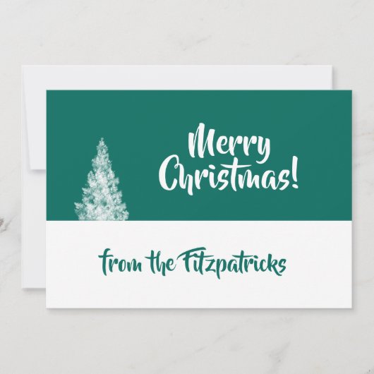 雪のクリスマスツリーティール(緑がかった色)と白ミニマル シーズンカード (正面)