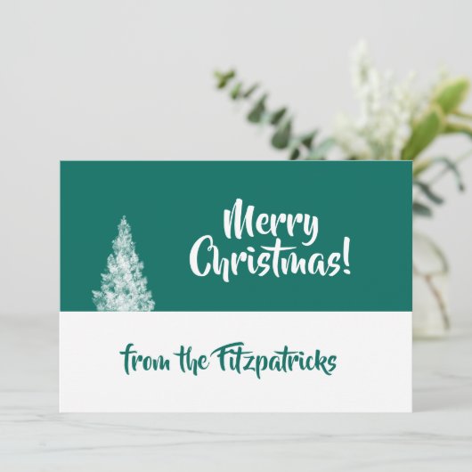 雪のクリスマスツリーティール（緑がかった色）と白ミニマル シーズンカード (スタンド正面)