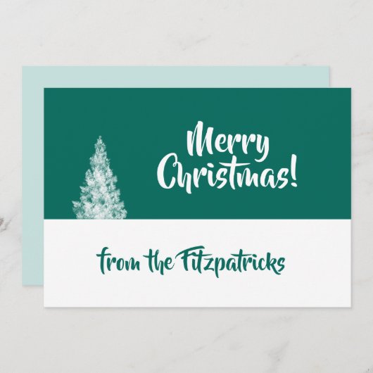 雪のクリスマスツリーティール（緑がかった色）と白ミニマル シーズンカード (正面/裏面)