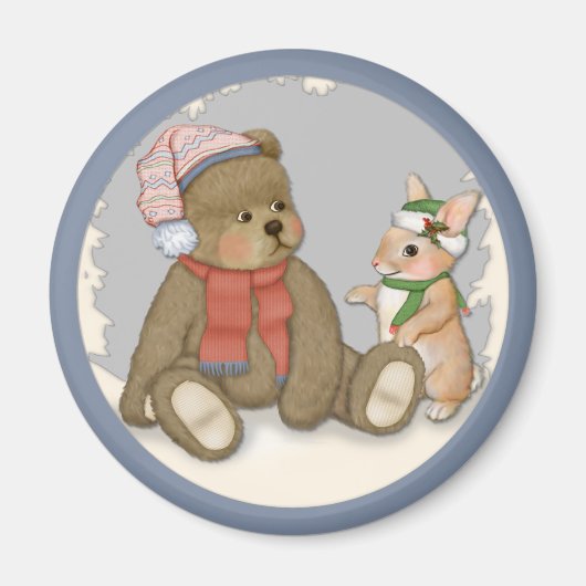 雪のクリスマステディとバニー マグネット (正面)