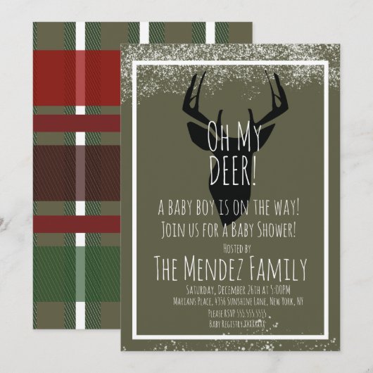 雪のクリスマスディアプレイドベビーシャワー 招待状 (正面/裏面)