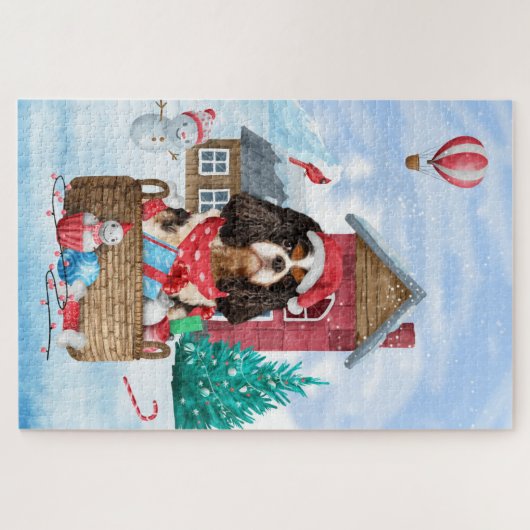 雪のクリスマスドッグハウスに入ったキャバリエのキングドッグ ジグソーパズル (横)